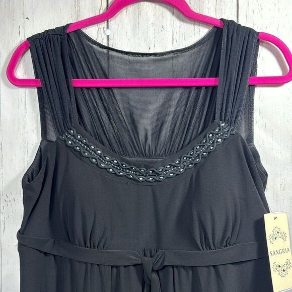 Sangria Black Sleeveless Sheer Babydoll Tie Front Embellished Stretch Midi Dress - Picture 2 of 16